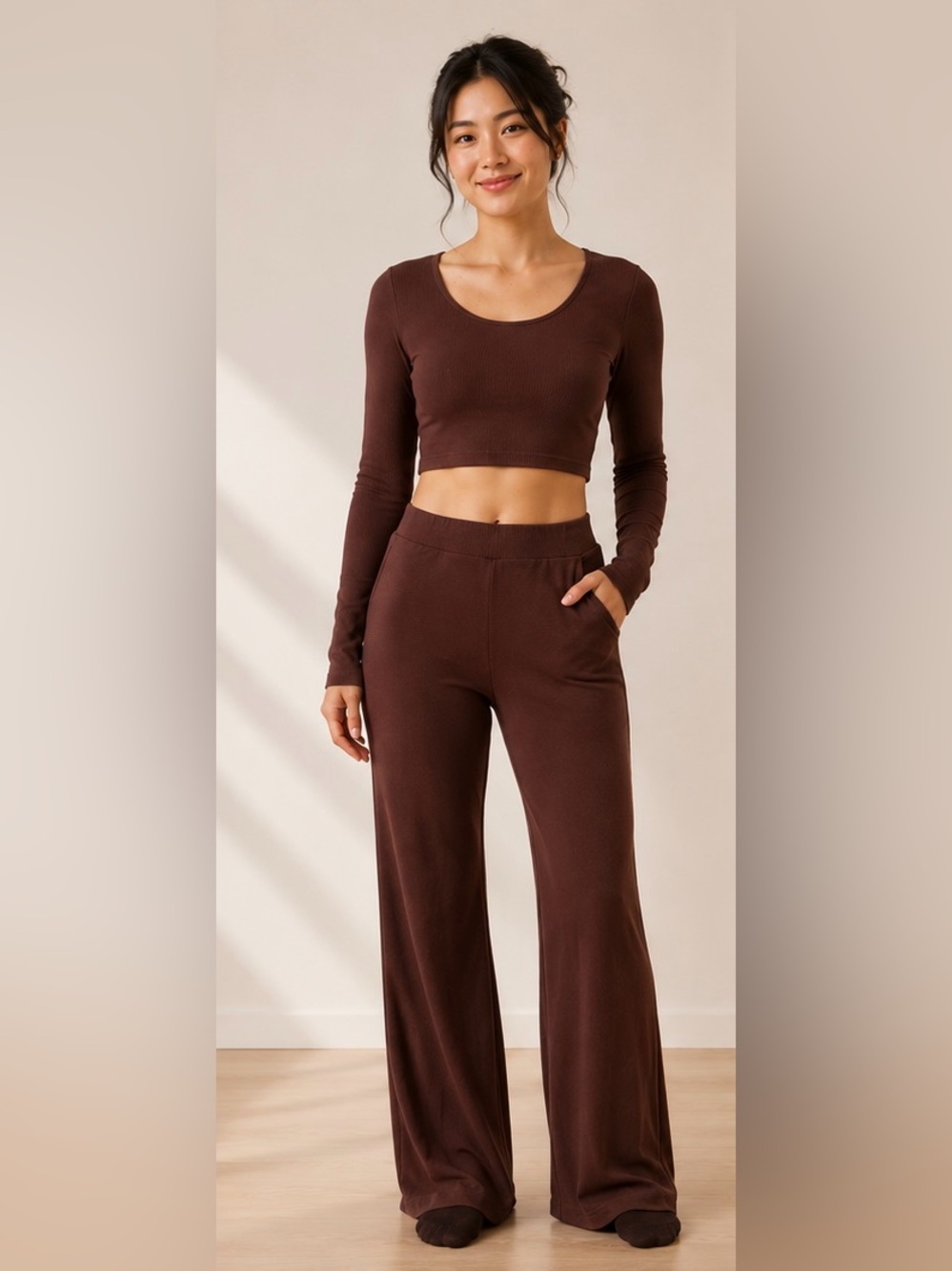 Women's Brown Wide-Leg Lounge Pants and top set 2 pcs